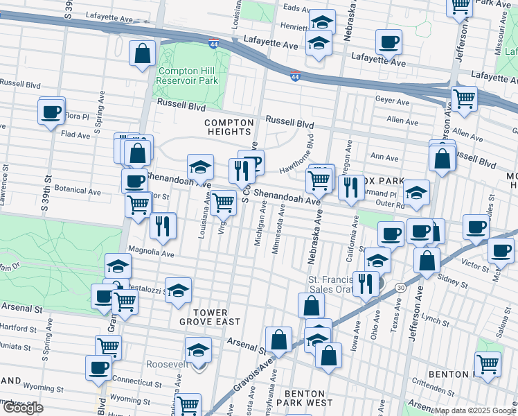 map of restaurants, bars, coffee shops, grocery stores, and more near 2321 Michigan Avenue in St. Louis