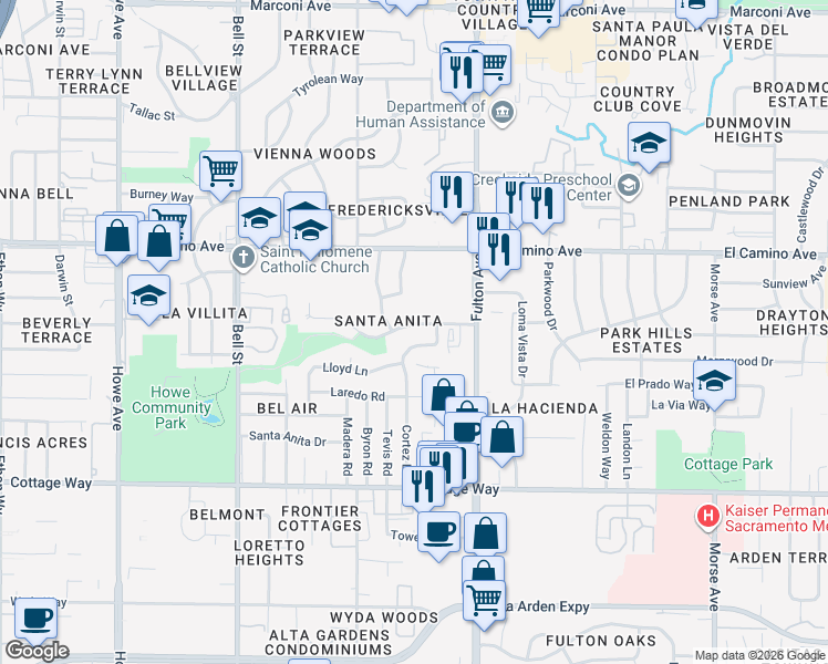 map of restaurants, bars, coffee shops, grocery stores, and more near 2517 Hernando Road in Sacramento