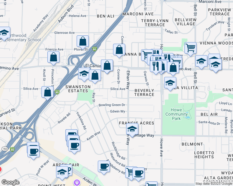 map of restaurants, bars, coffee shops, grocery stores, and more near 1936 Silica Avenue in Sacramento