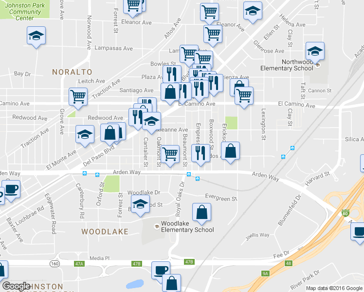 map of restaurants, bars, coffee shops, grocery stores, and more near 2355 Beaumont Street in Sacramento
