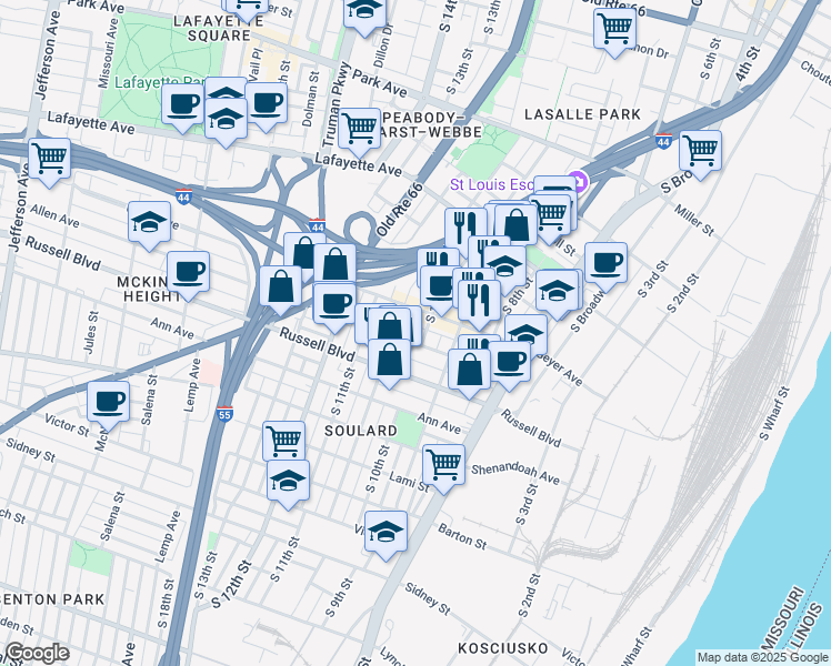 map of restaurants, bars, coffee shops, grocery stores, and more near 1920 Menard Street in St. Louis