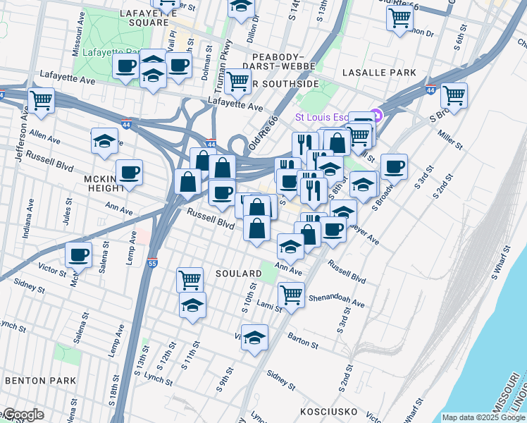 map of restaurants, bars, coffee shops, grocery stores, and more near 1920 Menard Street in St. Louis