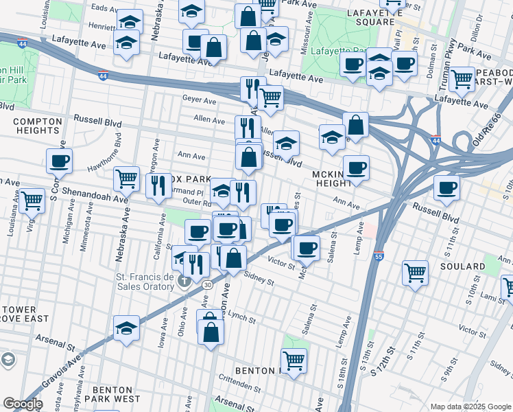 map of restaurants, bars, coffee shops, grocery stores, and more near 2252 South Jefferson Avenue in St. Louis