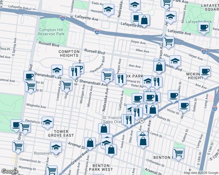 map of restaurants, bars, coffee shops, grocery stores, and more near 2902 Shenandoah Avenue in St. Louis