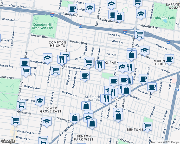 map of restaurants, bars, coffee shops, grocery stores, and more near 2902 Shenandoah Avenue in St. Louis