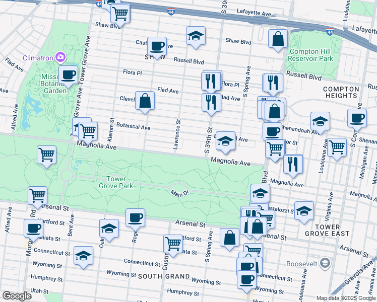 map of restaurants, bars, coffee shops, grocery stores, and more near 3929 Magnolia Avenue in St. Louis