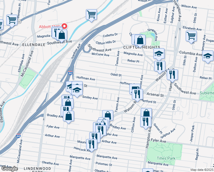 map of restaurants, bars, coffee shops, grocery stores, and more near 6504 Hoffman Avenue in St. Louis