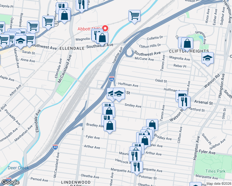 map of restaurants, bars, coffee shops, grocery stores, and more near 6649 Arsenal Street in St. Louis