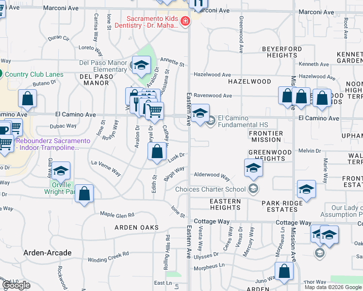 map of restaurants, bars, coffee shops, grocery stores, and more near 4253 Avila Lane in Sacramento