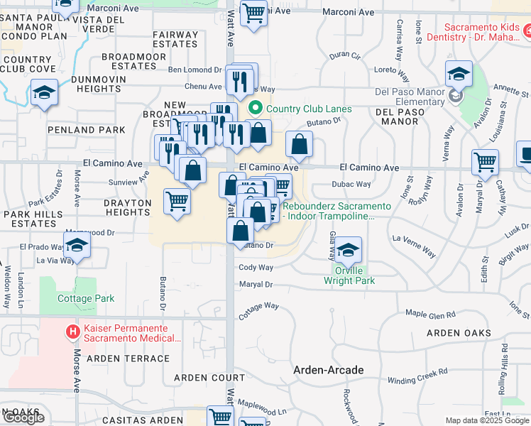 map of restaurants, bars, coffee shops, grocery stores, and more near 2380 Butano Drive in Sacramento