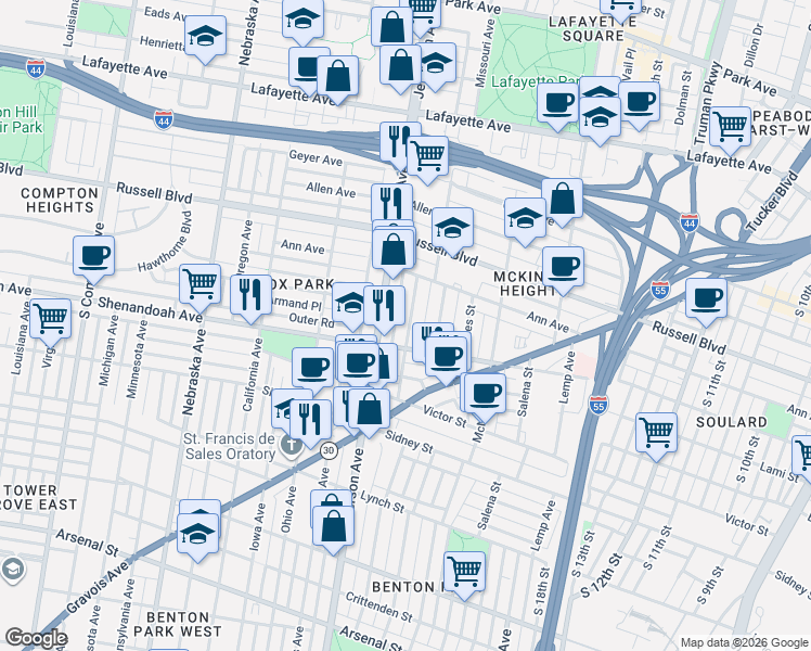 map of restaurants, bars, coffee shops, grocery stores, and more near 2252 South Jefferson Avenue in St. Louis