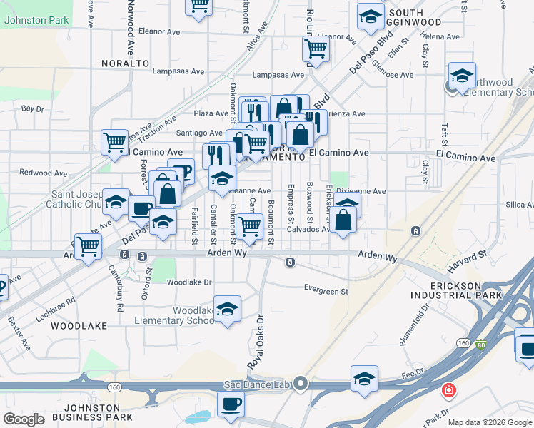 map of restaurants, bars, coffee shops, grocery stores, and more near 2339 Beaumont Street in Sacramento