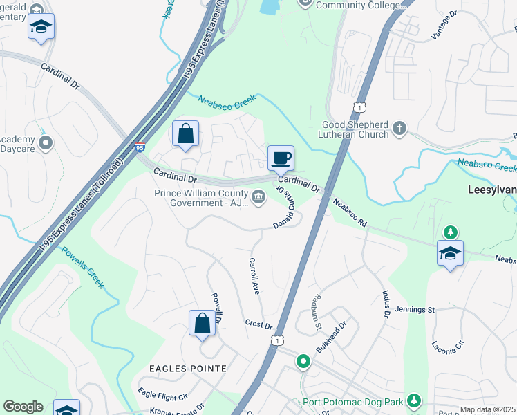 map of restaurants, bars, coffee shops, grocery stores, and more near 15941 Donald Curtis Drive in Woodbridge