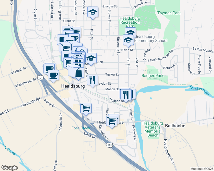 map of restaurants, bars, coffee shops, grocery stores, and more near 401 Haydon Street in Healdsburg