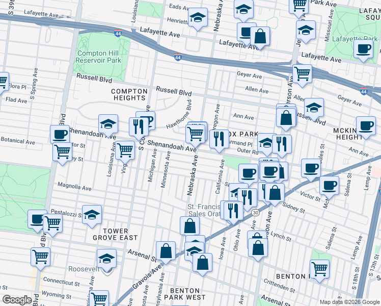 map of restaurants, bars, coffee shops, grocery stores, and more near 2902 Shenandoah Avenue in St. Louis