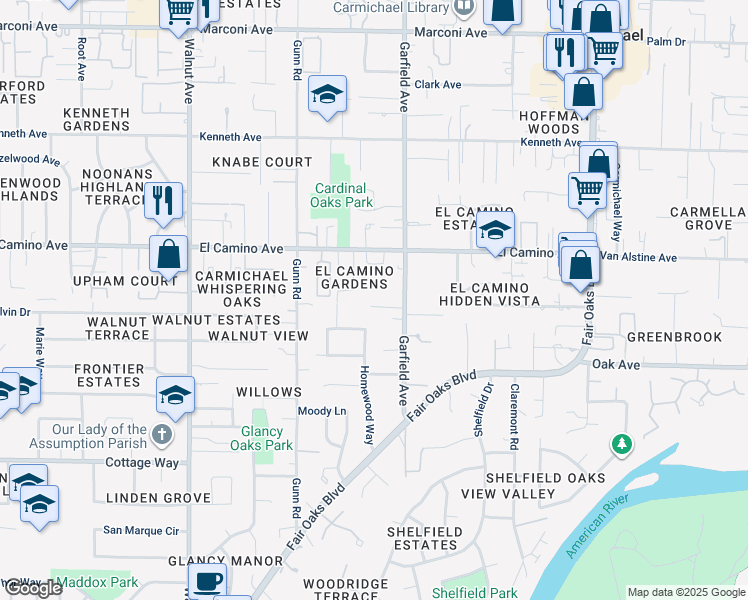 map of restaurants, bars, coffee shops, grocery stores, and more near 5409 Saint Anton Court in Carmichael
