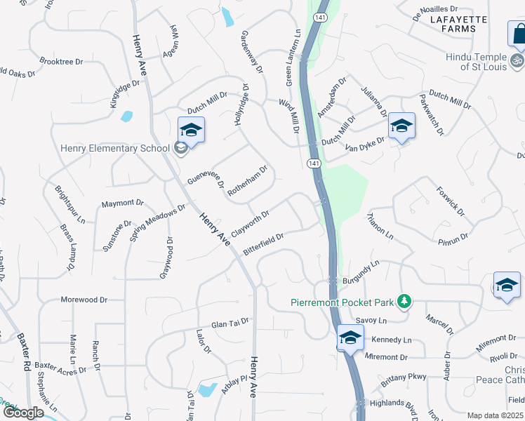 map of restaurants, bars, coffee shops, grocery stores, and more near 805 Clayworth Drive in Ballwin