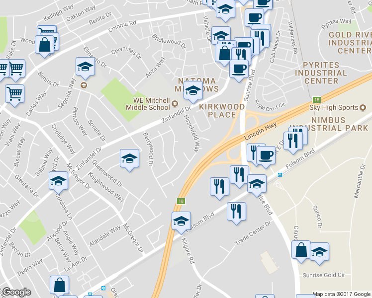 map of restaurants, bars, coffee shops, grocery stores, and more near 2465 Twin Court in Rancho Cordova