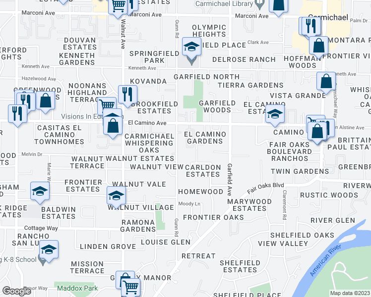 map of restaurants, bars, coffee shops, grocery stores, and more near 2401 Fallwater Lane in Carmichael