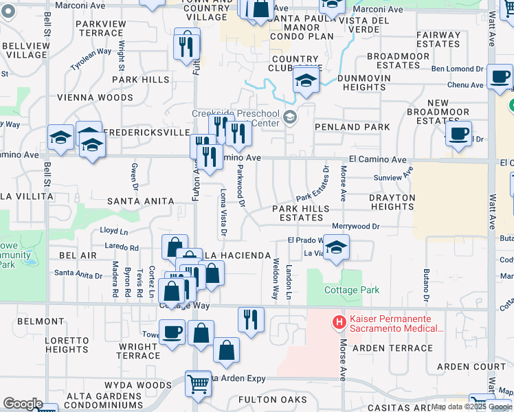 map of restaurants, bars, coffee shops, grocery stores, and more near 2324 Parkwood Drive in Sacramento