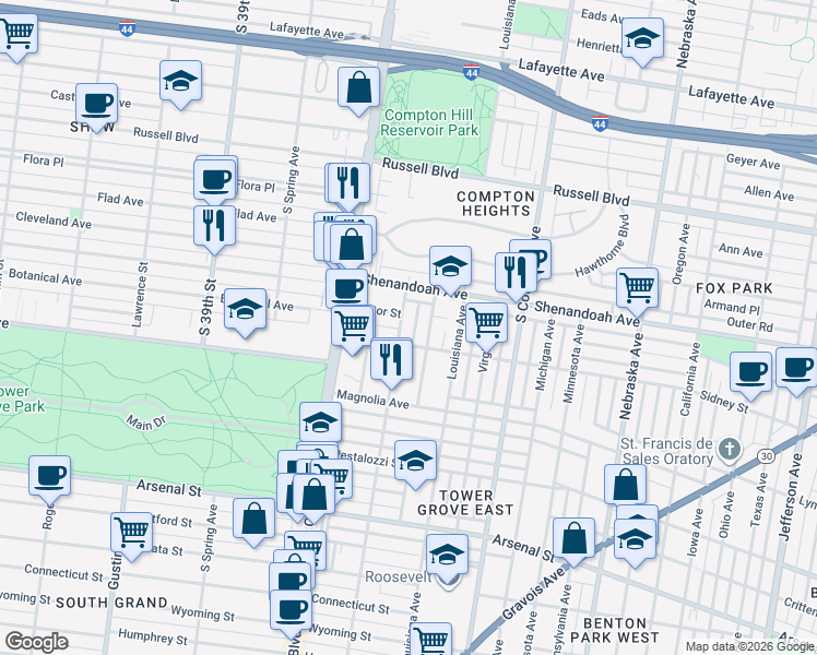 map of restaurants, bars, coffee shops, grocery stores, and more near 2332 Arkansas Avenue in St. Louis