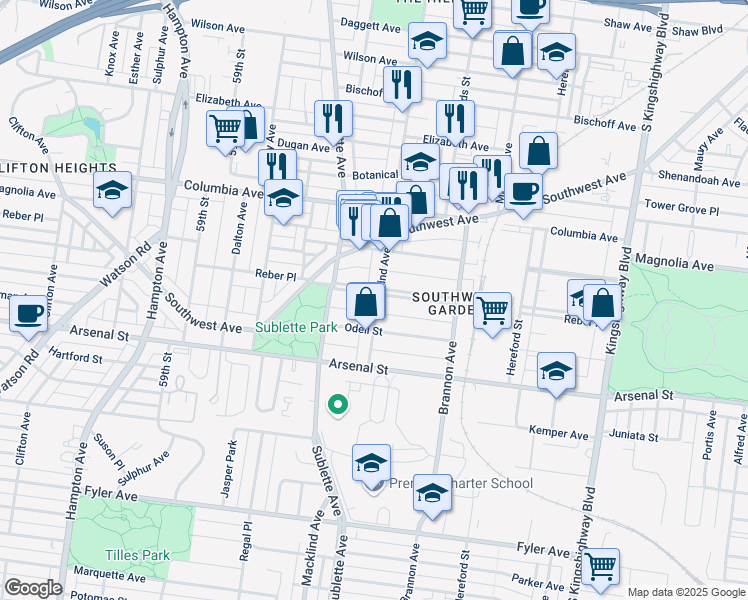 map of restaurants, bars, coffee shops, grocery stores, and more near 5400 Reber Place in St. Louis