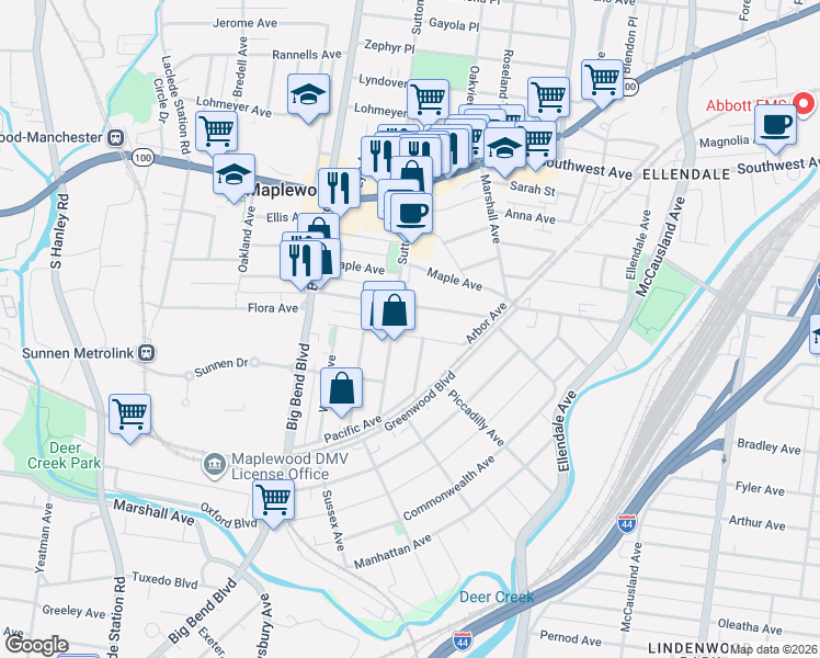 map of restaurants, bars, coffee shops, grocery stores, and more near 7364 Flora Avenue in Maplewood