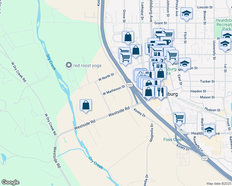 map of restaurants, bars, coffee shops, grocery stores, and more near 272 West Matheson Street in Healdsburg