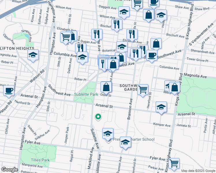 map of restaurants, bars, coffee shops, grocery stores, and more near 5400 Reber Place in St. Louis