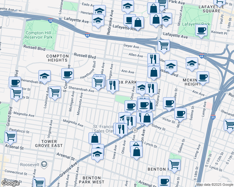 map of restaurants, bars, coffee shops, grocery stores, and more near 2752 Armand Place in St. Louis