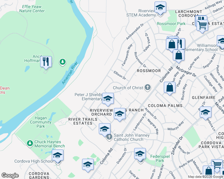 map of restaurants, bars, coffee shops, grocery stores, and more near 2134 Danbury Way in Rancho Cordova