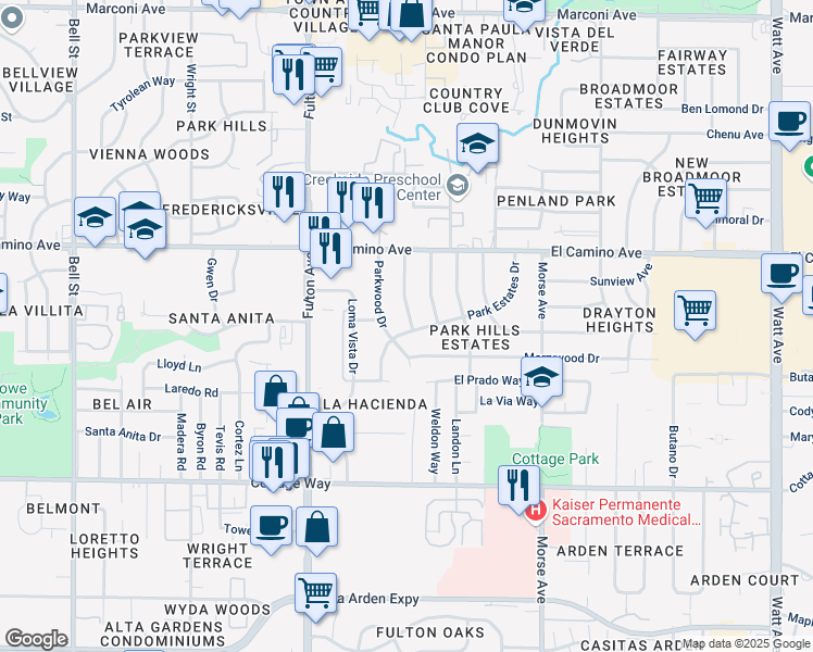 map of restaurants, bars, coffee shops, grocery stores, and more near 2324 Parkwood Drive in Sacramento