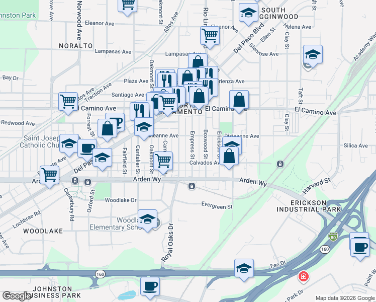 map of restaurants, bars, coffee shops, grocery stores, and more near 2357 Empress Street in Sacramento