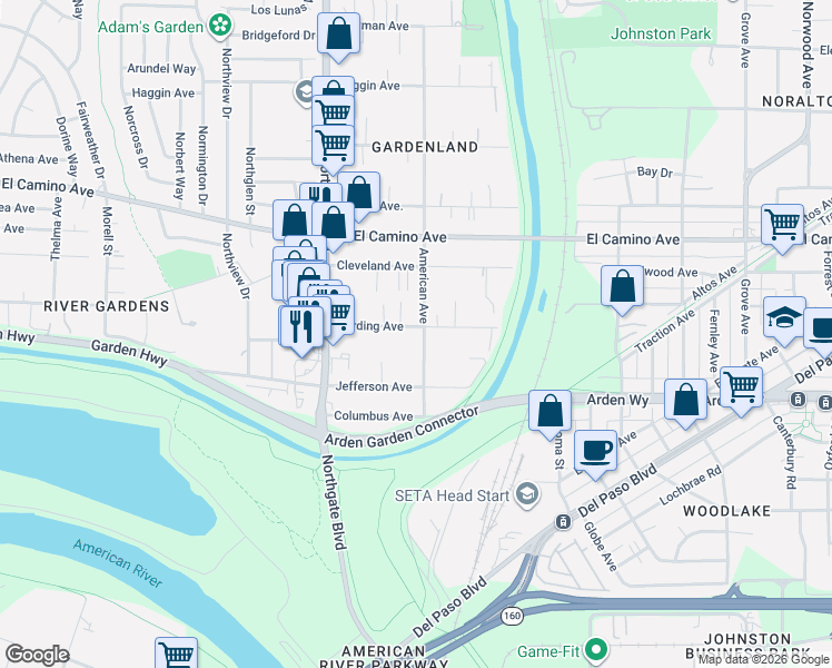 map of restaurants, bars, coffee shops, grocery stores, and more near 2300 American Avenue in Sacramento