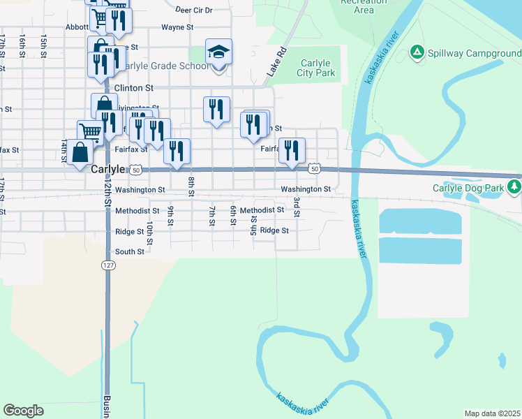 map of restaurants, bars, coffee shops, grocery stores, and more near 551 Methodist Street in Carlyle