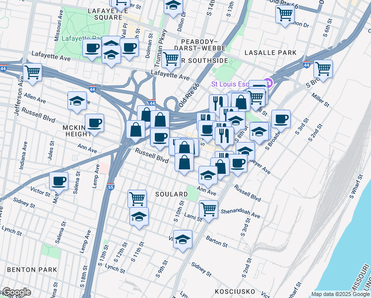 map of restaurants, bars, coffee shops, grocery stores, and more near 1920 Menard Street in St. Louis