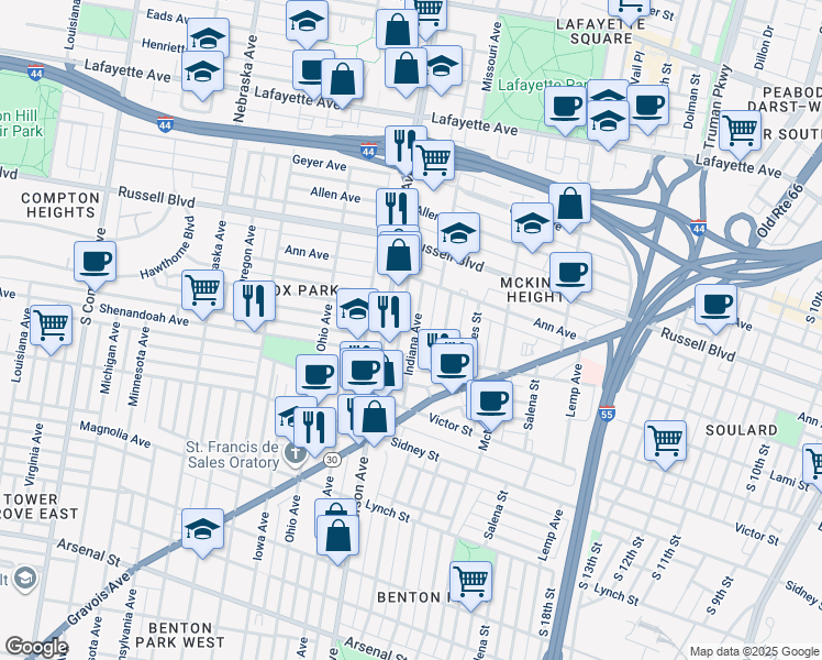 map of restaurants, bars, coffee shops, grocery stores, and more near 2252 South Jefferson Avenue in St. Louis