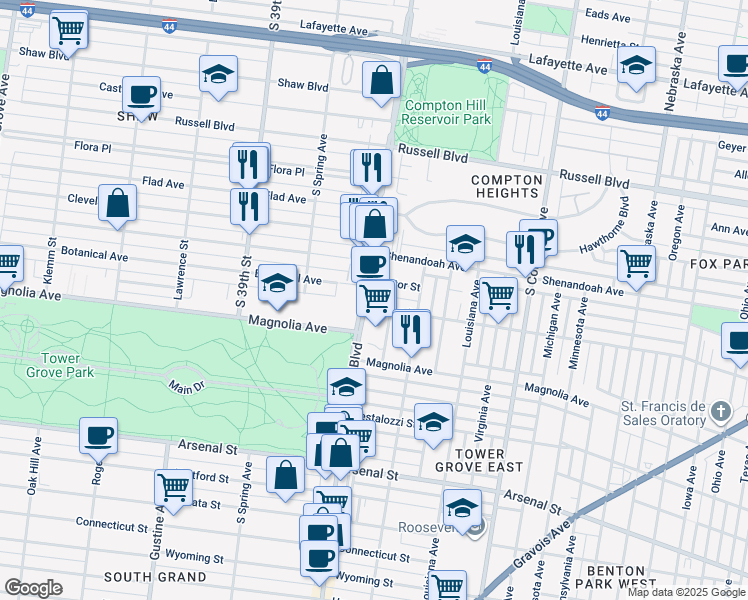 map of restaurants, bars, coffee shops, grocery stores, and more near 3532 Victor Street in St. Louis