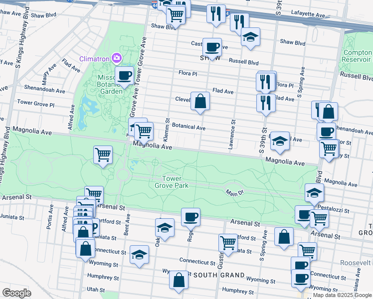 map of restaurants, bars, coffee shops, grocery stores, and more near 1 Hortus Court in St. Louis