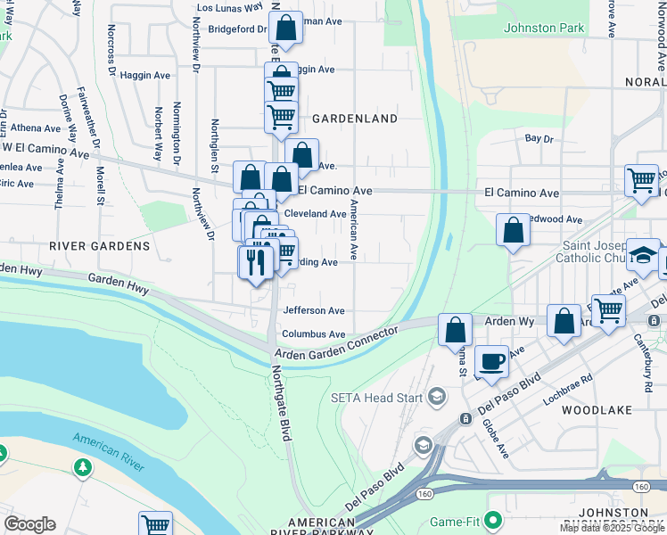 map of restaurants, bars, coffee shops, grocery stores, and more near 440 Harding Avenue in Sacramento