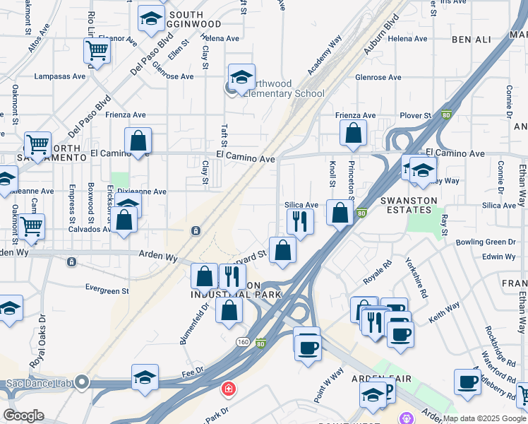 map of restaurants, bars, coffee shops, grocery stores, and more near 2251 Harvard Street in Sacramento