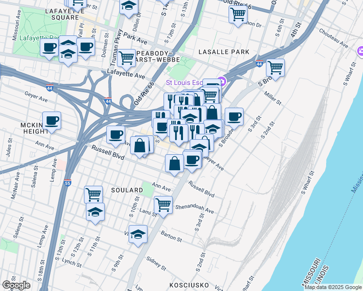 map of restaurants, bars, coffee shops, grocery stores, and more near 1860 South 9th Street in St. Louis