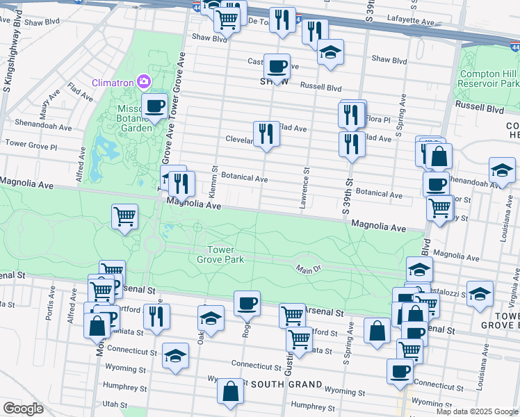 map of restaurants, bars, coffee shops, grocery stores, and more near 4101 Magnolia Avenue in St. Louis