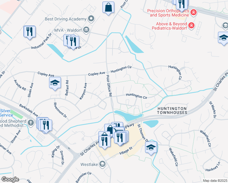 map of restaurants, bars, coffee shops, grocery stores, and more near 3387 Justice Court in Waldorf