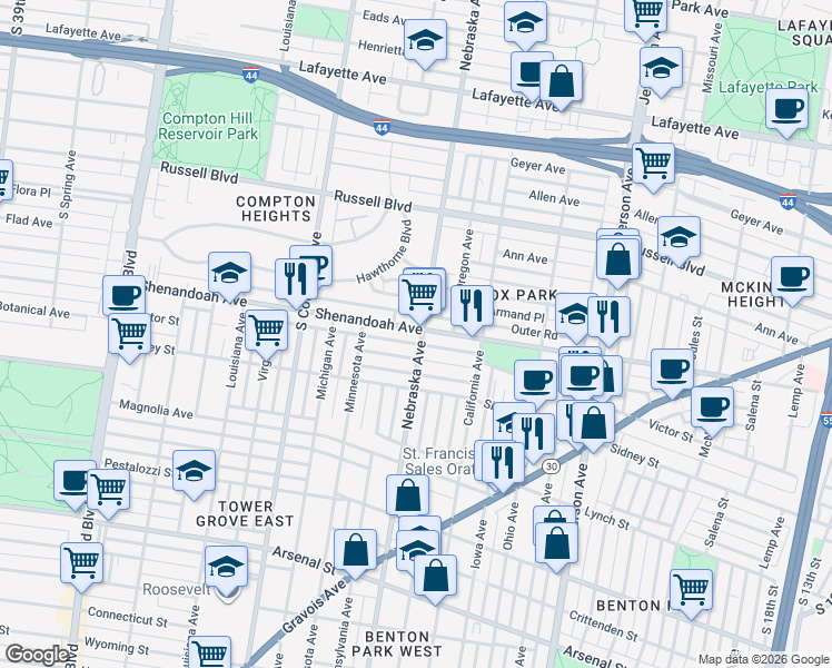map of restaurants, bars, coffee shops, grocery stores, and more near 2902 Shenandoah Avenue in St. Louis