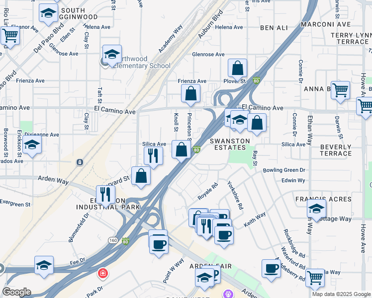 map of restaurants, bars, coffee shops, grocery stores, and more near 1580 Silica Avenue in Sacramento
