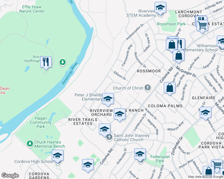 map of restaurants, bars, coffee shops, grocery stores, and more near 2134 Danbury Way in Rancho Cordova