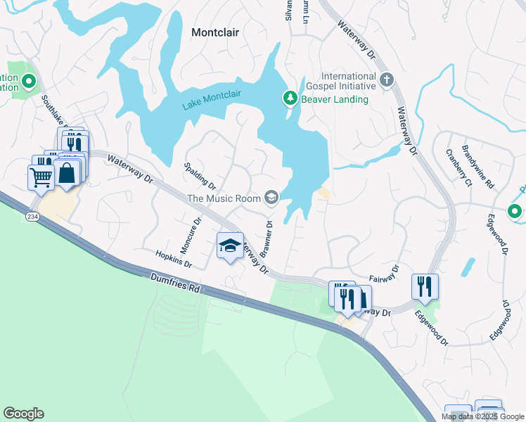 map of restaurants, bars, coffee shops, grocery stores, and more near 15905 Brawner Dr in Dumfries