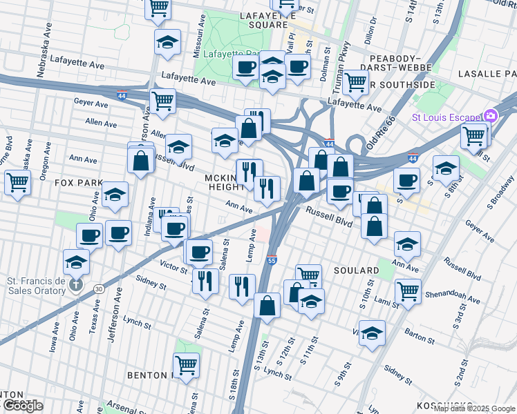 map of restaurants, bars, coffee shops, grocery stores, and more near 1909 Ann Avenue in St. Louis