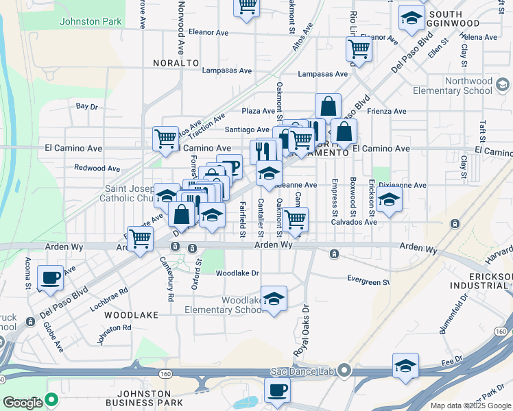 map of restaurants, bars, coffee shops, grocery stores, and more near 2367 Cantalier Street in Sacramento